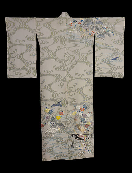 Summer Robe with Waves and Cormorant Fishing, Silk, silk embroidery, silver-wrapped threads, and gold-painted accents; paste-resist dyed, hand painted, Japan 
