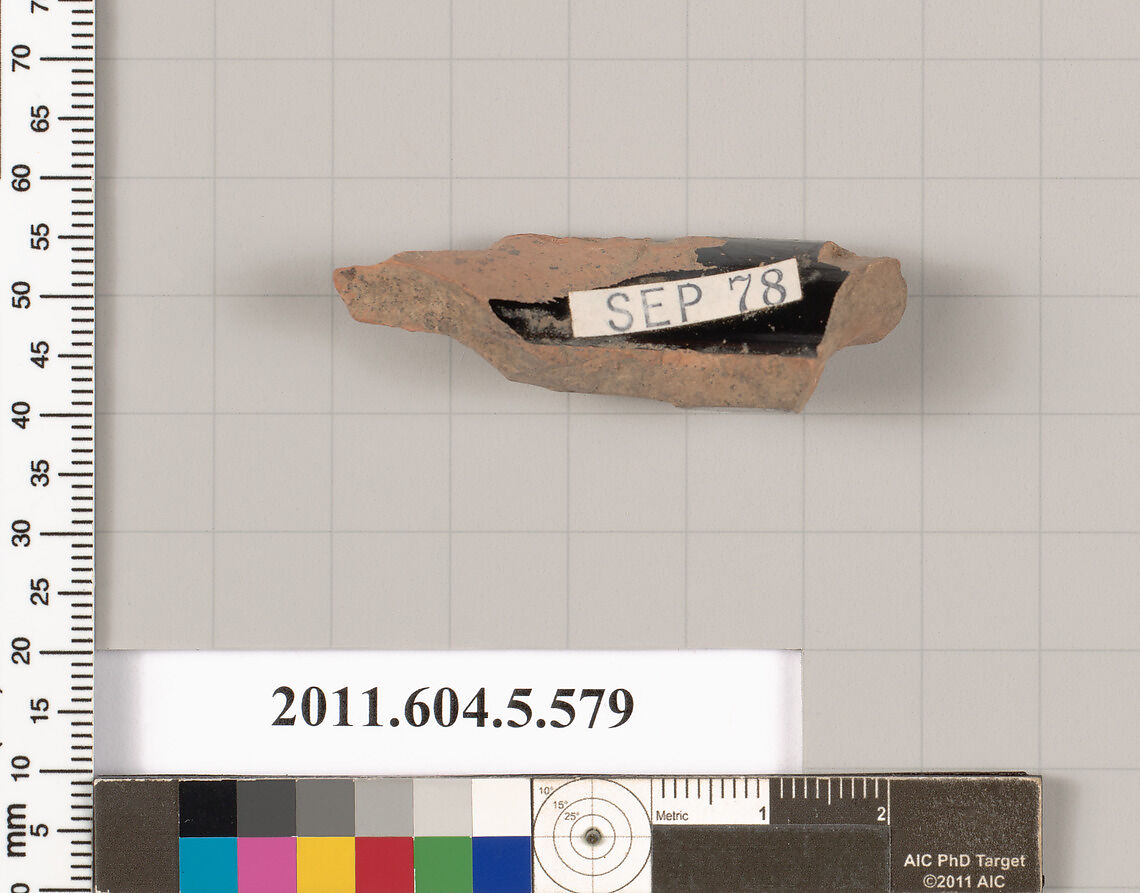 Terracotta fragment of a stemless kylix (drinking cup), Terracotta, Greek, Attic