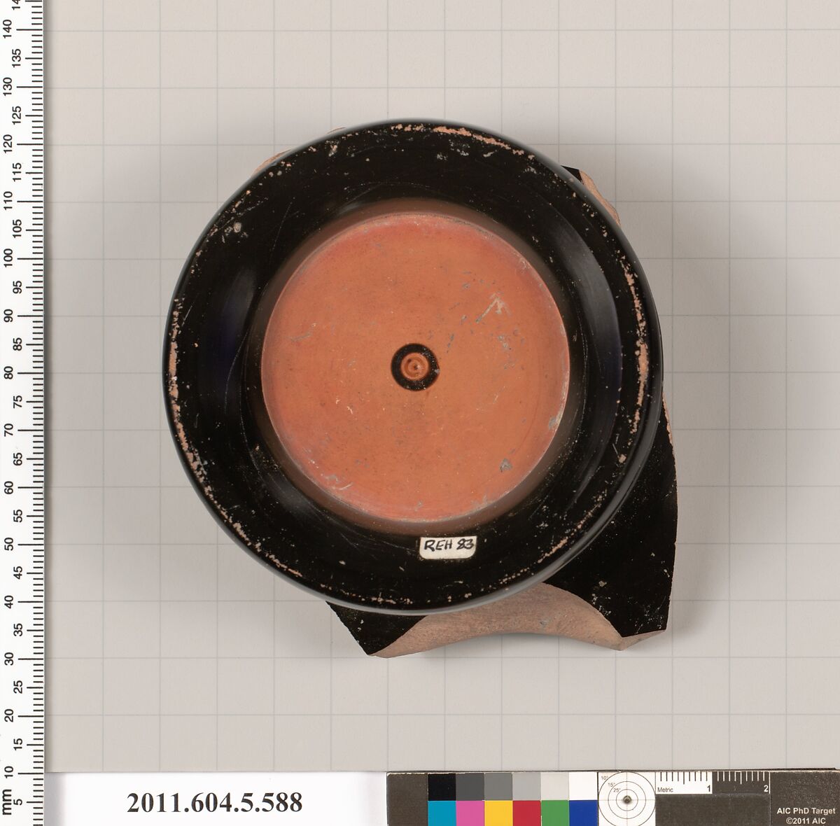 Terracotta fragment of a stemless kylix (drinking cup), Terracotta, Greek, Attic