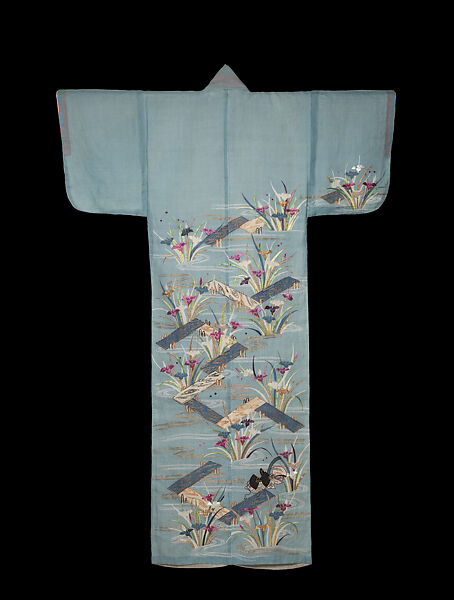 Summer Robe with Irises and Plank Bridges, Bast-fiber, paste-resist dyed; silk embroidery; couched metallic-wrapped thread, Japan 