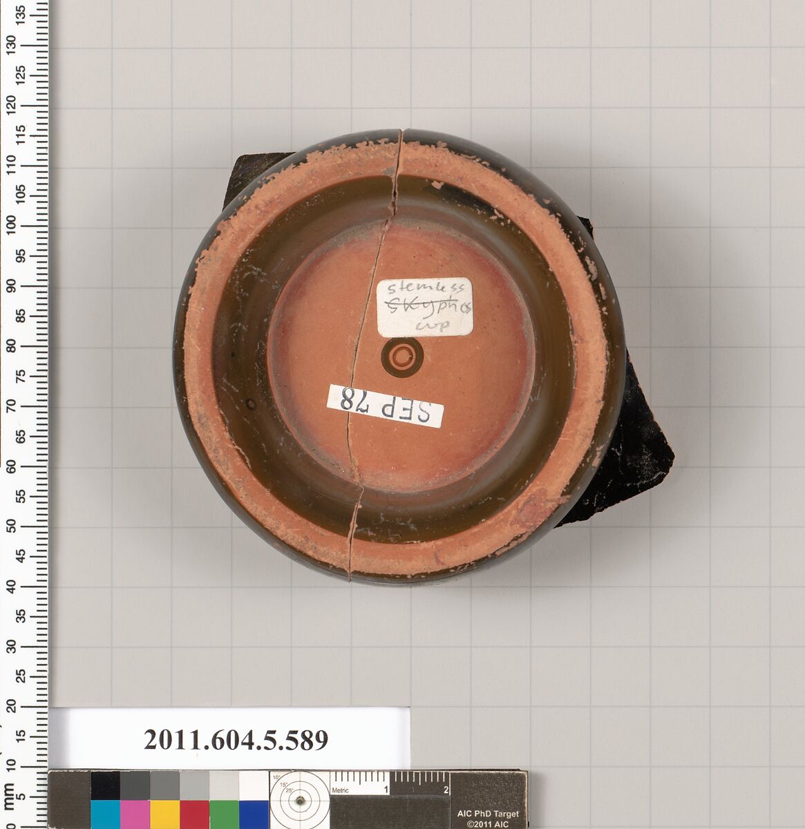 Terracotta fragment of a stemless kylix (drinking cup), Terracotta, Greek, Attic