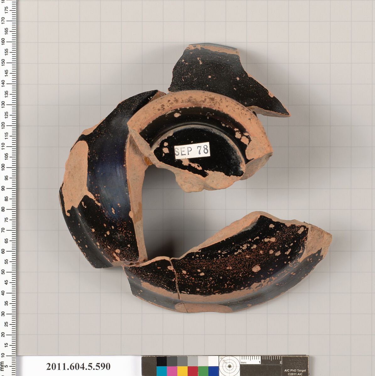 Terracotta fragment of a stemless kylix (drinking cup), Terracotta, Greek, Attic