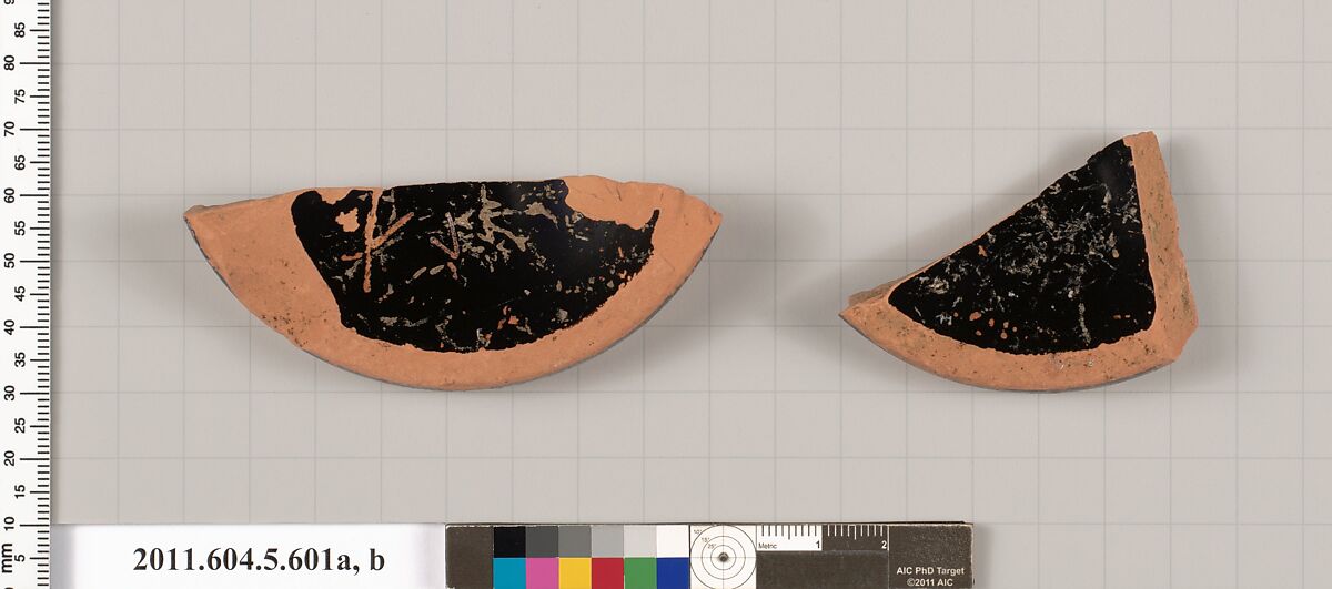 Terracotta fragments of a kylix (drinking cup), Terracotta, Greek, Attic