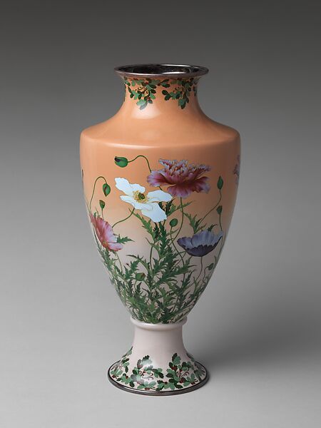 Vase with Poppies, Attributed to Kawade Shibatarō (Japanese, 1861–1921), Standard cloisonné enamel; silver wires and rims, Japan 