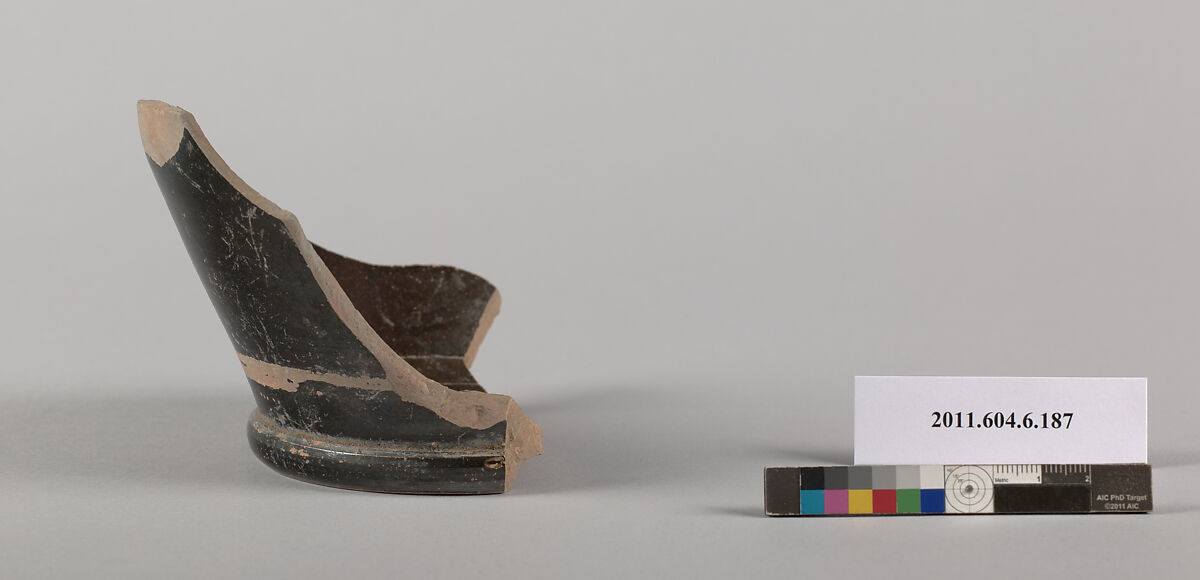 Terracotta fragment of a skyphos (deep drinking cup), Terracotta, Greek, Attic 