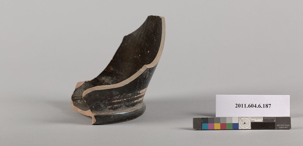 Terracotta fragment of a skyphos (deep drinking cup), Terracotta, Greek, Attic