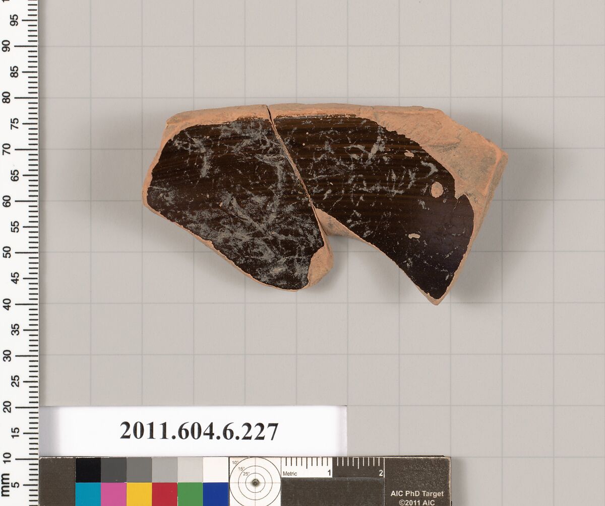 Terracotta fragment of a pyxis (box), Terracotta, Greek, Attic