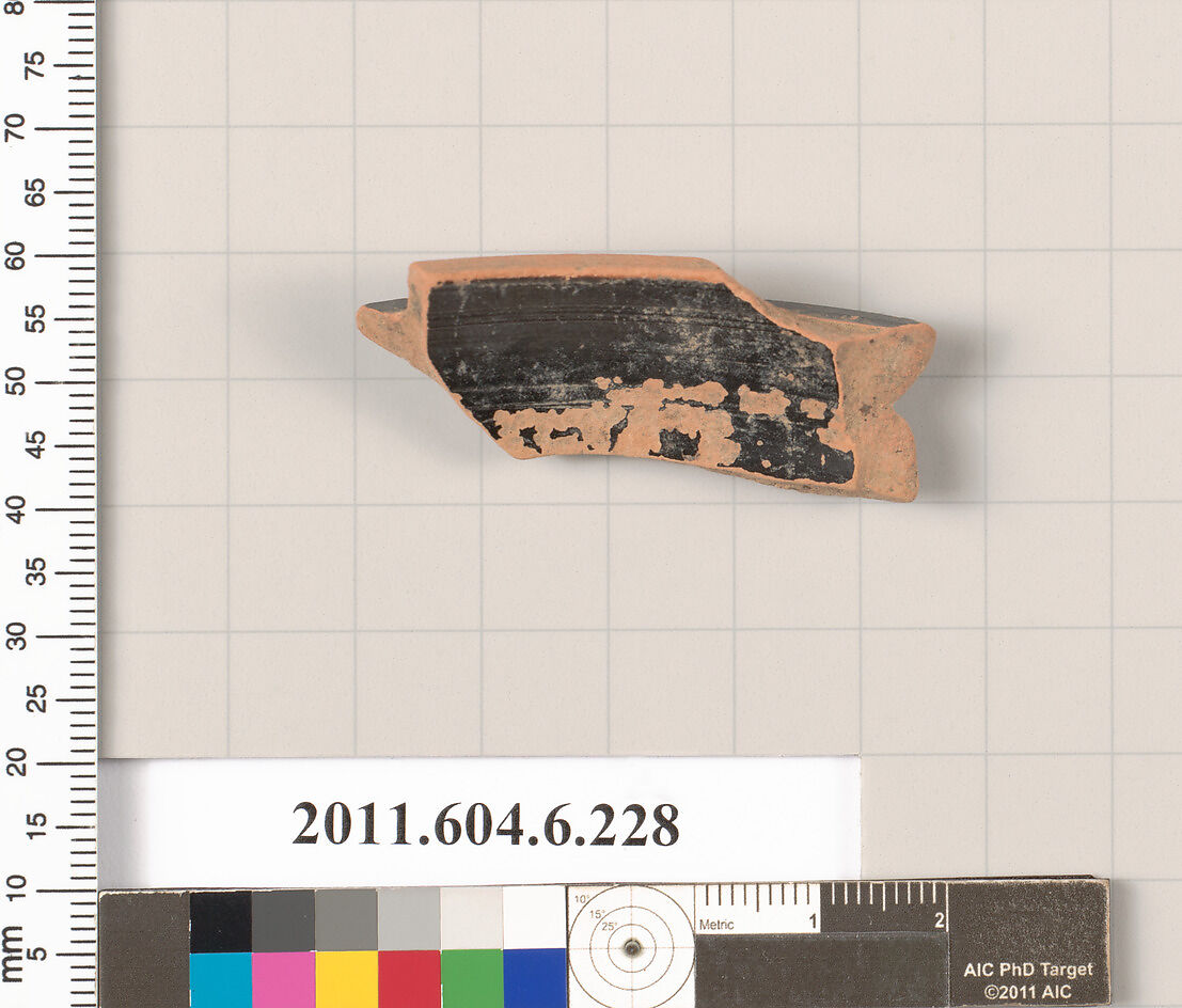 Terracotta fragment of a pyxis (box), Terracotta, Greek, Attic