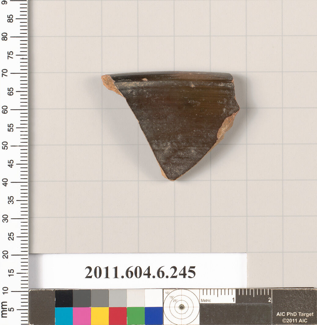 Terracotta rim fragment of an open shape, Terracotta, Greek, Attic