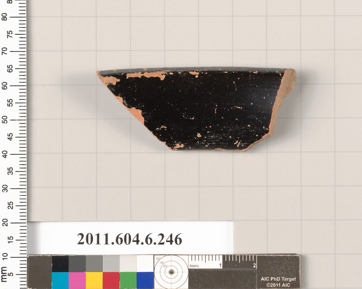 Terracotta rim fragment of an open shape, Terracotta, Greek, Attic