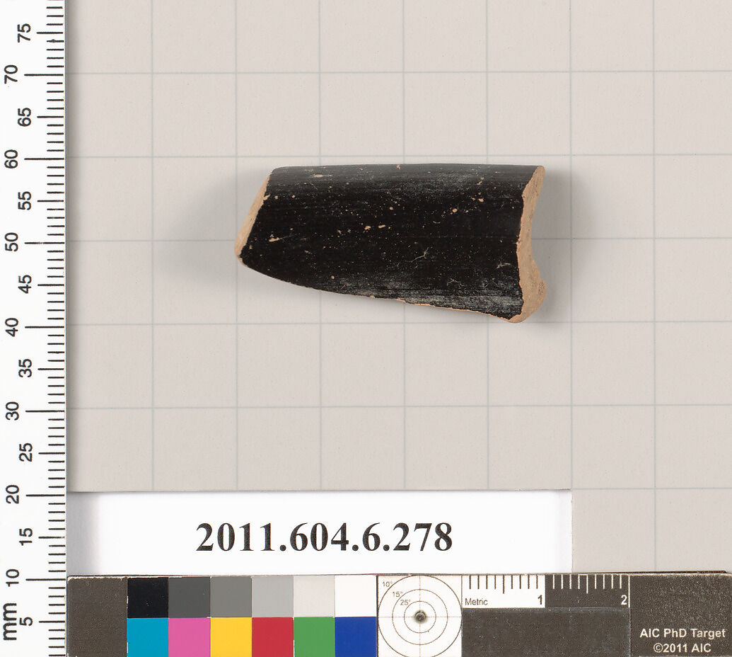 Terracotta rim fragment of an open shape, Terracotta, Greek, Attic