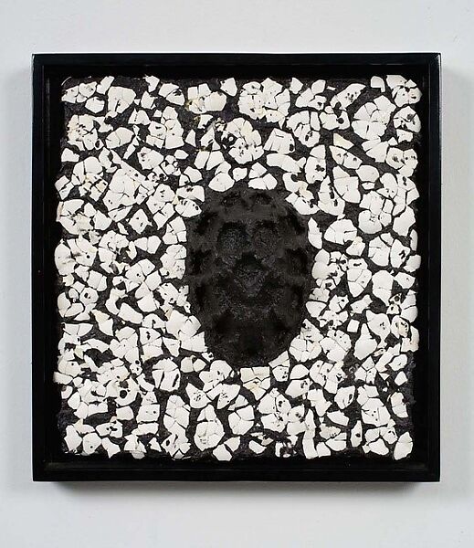 Mask III, Jack Whitten (American, Bessemer, Alabama 1939–2018 New York), Styrofoam, acrylic, hair, and eggshells on plywood 