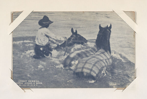 Cowboy swimming horses across a river from Indians and Western Historical Scenes series (W417), Exhibit Supply Company, Commercial photolithograph 