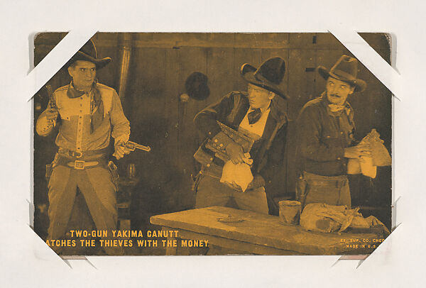 Two-Gun Yakima Canutt catches the thieves with the money from Western Stars or Scenes Exhibit Cards series (W412), Exhibit Supply Company, Commercial color photolithograph 
