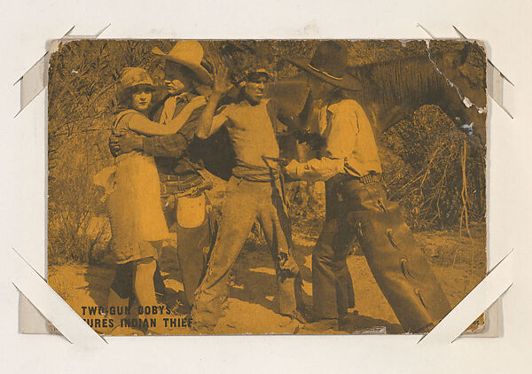 Two-Gun Dobys captures Indian thief from Western Stars or Scenes Exhibit Cards series (W412), Exhibit Supply Company, Commercial color photolithograph 