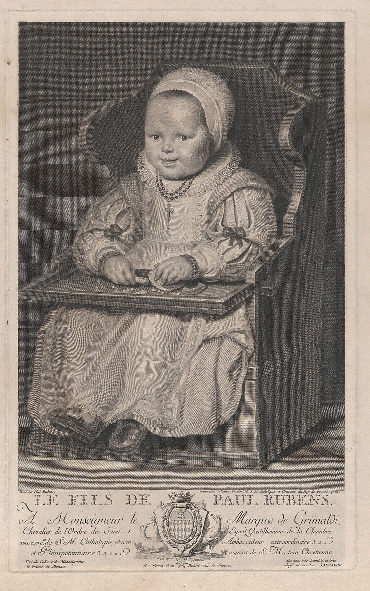 Portrait of one of Cornelis de Vos' children (probably), seated in a baby chair, Manuel Salvador Carmona (Spanish, 1734–1820), Engraving 