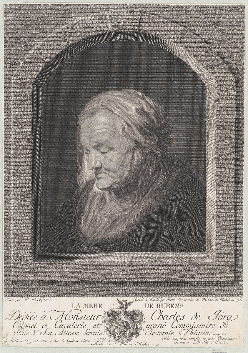 Portrait of Rubens' mother, seen through a window opening, Karl Mathias Ernst (German, Mannheim 1758–1830 Mannheim), Engraving 