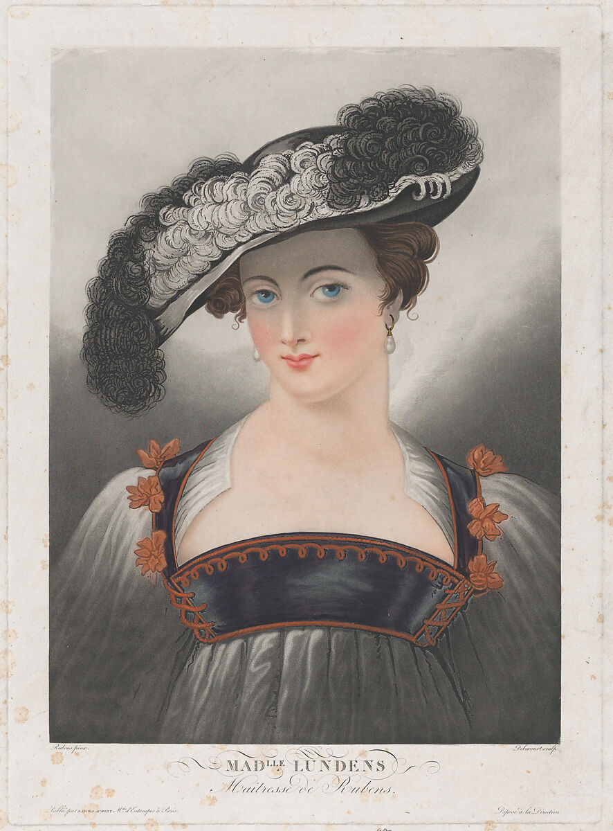 Portrait of Susanna Lunden, wearing wide-brimmed hat with feathers, Louis Philibert Debucourt (French, Paris 1755–1832 Paris), Etching, aquatint, and roulette with hand-coloring (wash manner) 