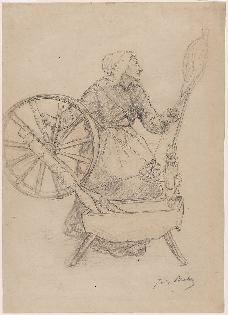 Woman at the Spinning Wheel, Jules Breton (French, Courrières 1827–1906 Paris), Fabricated black crayon 