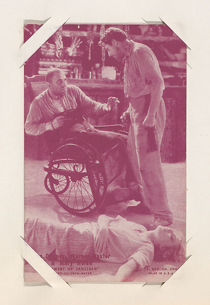 Lon Chaney, Warner Baxter & Mary Nolan in "West of Zanzibar" from Scenes from Movies Exhibit Cards series (W404), Exhibit Supply Company, Commercial color photolithograph 