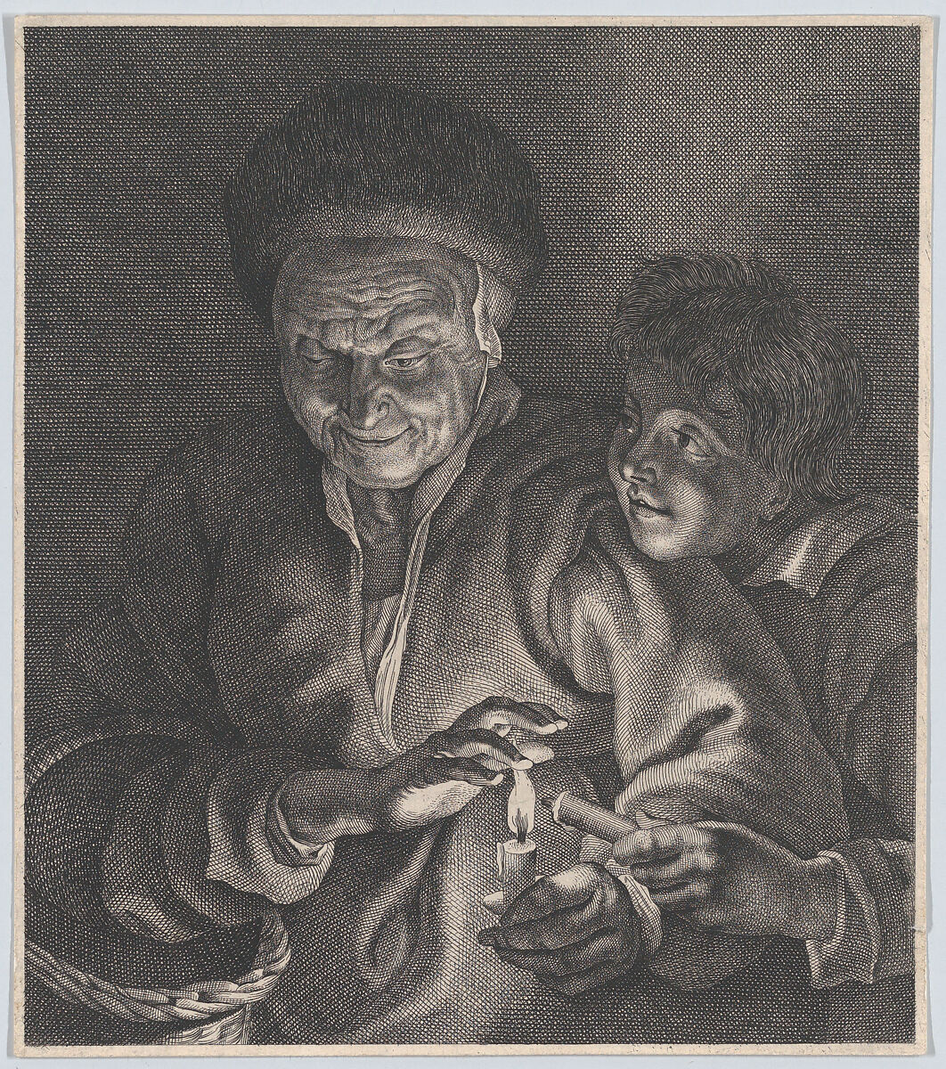 Old woman and a boy with candles, Anonymous, Etching 