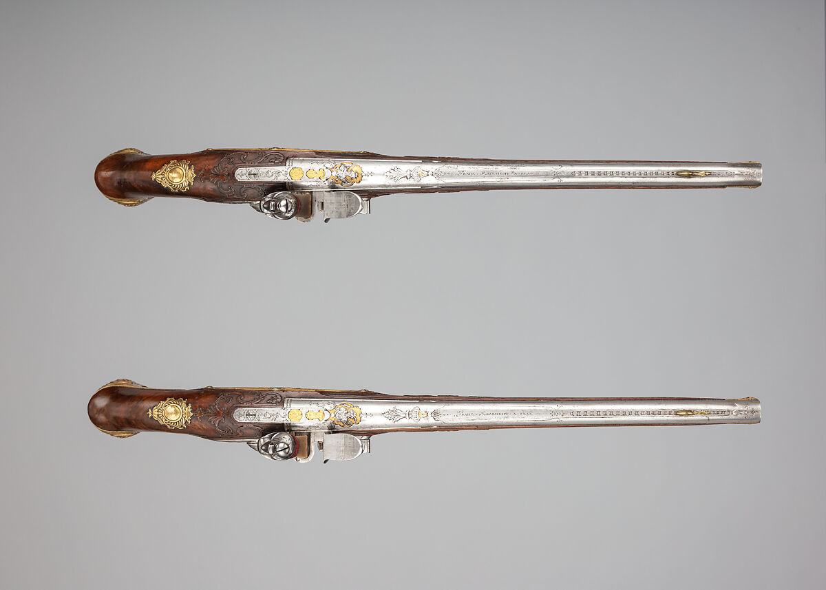 Pair of Flintlock Holster Pistols, Franz Matzenkopf (Bohemian (born Austria), active in Vienna, Prague, and Salzburg, ca. 1705–1776), Steel, wood (walnut), copper alloy, gold, Bohemian, Prague