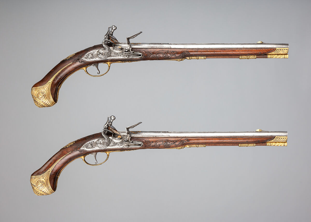 Pair of Flintlock Holster Pistols, Franz Matzenkopf (Bohemian (born Austria), active in Vienna, Prague, and Salzburg, ca. 1705–1776), Steel, wood (walnut), copper alloy, gold, Bohemian, Prague 