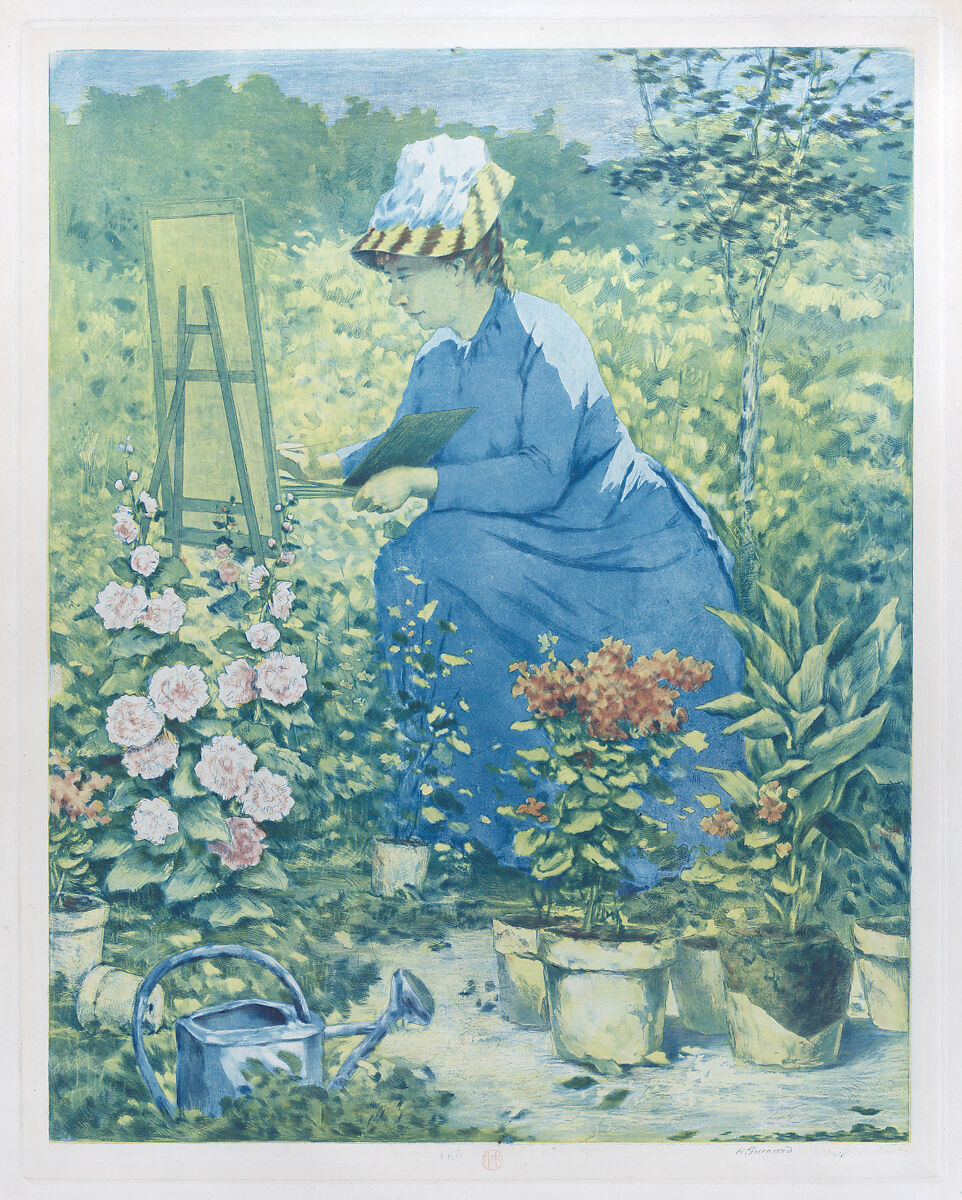 Jeanne Gonzales Painting in the Garden, Henri-Charles Guérard (French, Paris 1846–1897 Paris), Color drypoint, roulette and aquatint on wove paper; seventh state of seven 