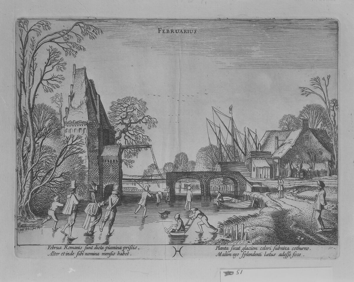 February, from "Twelve Months", Jan van de Velde II (Dutch, Rotterdam or Delft ca. 1593–1641 Enkhuizen), Etching; first state of two 