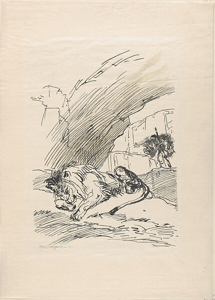 Sleeping Lion, Oskar Bangemann (German, 1882–1942), Wood-engraving (photomechanical), on oriental paper 