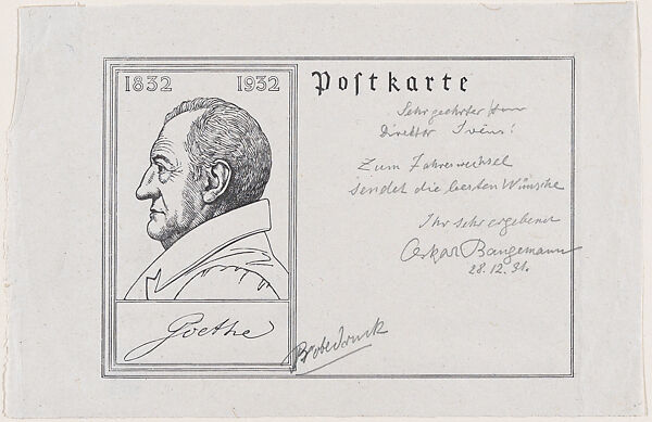 Postkarte, for Goethe Centenial, with portrait of Goethe, Oskar Bangemann (German, 1882–1942), Wood-engraving on china paper 