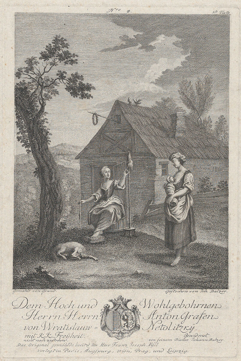 Landscape with a woman spinning and a woman nursing a child, Johann Balzer (Czech, Kukus 1738–1799 Prague), Engraving 