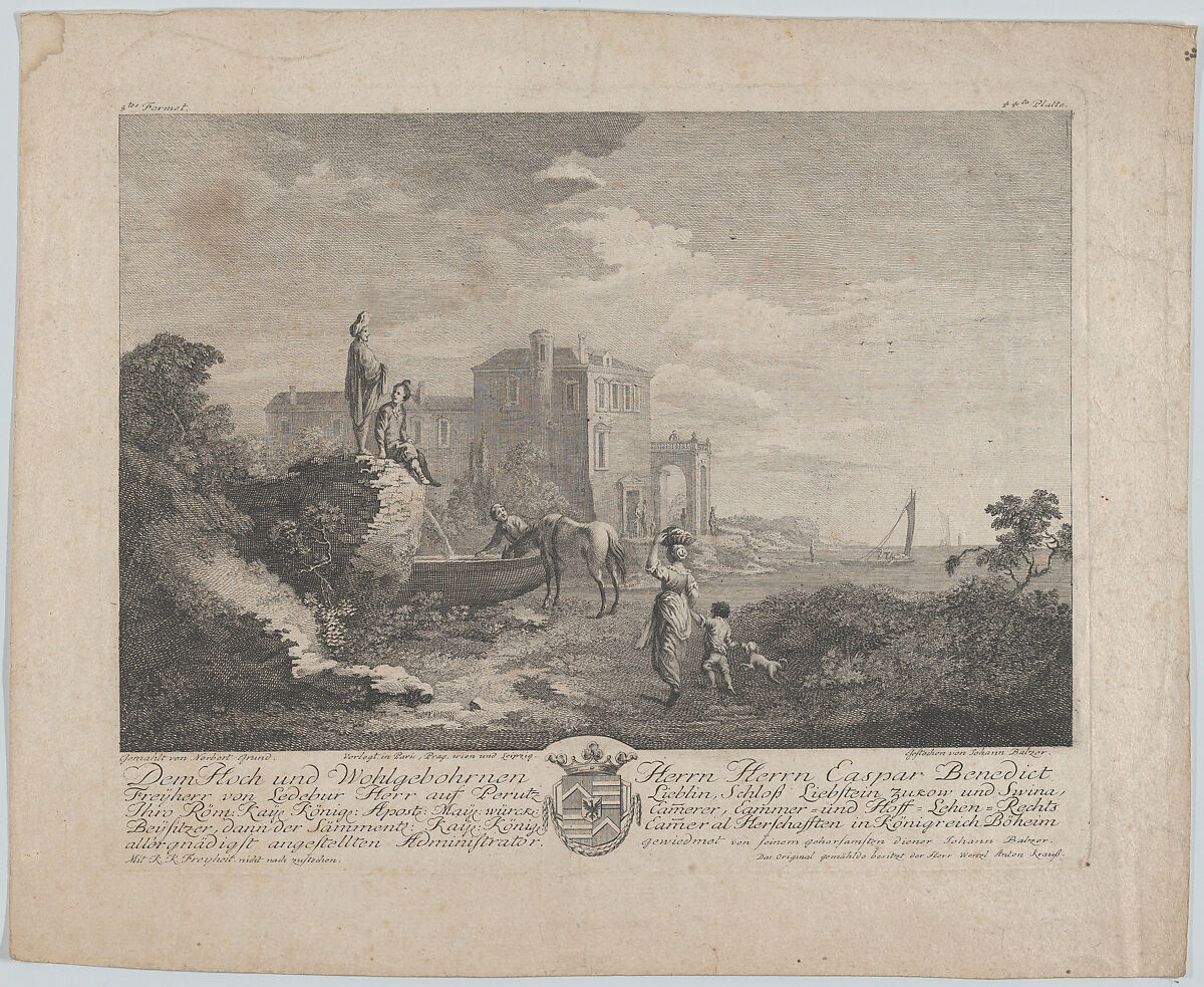 Landscape with a figures around a fountain, Johann Balzer (Czech, Kukus 1738–1799 Prague), Engraving 