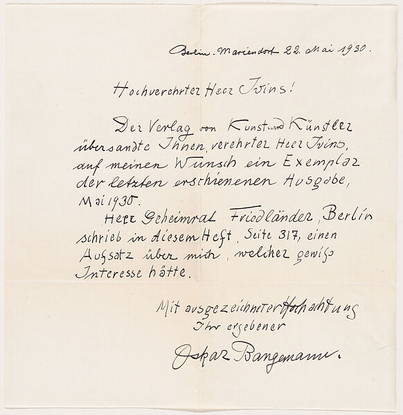 Letter adressed to Mr. Ivins, May 22, 1930, Oskar Bangemann (German, 1882–1942), Pen and black ink 
