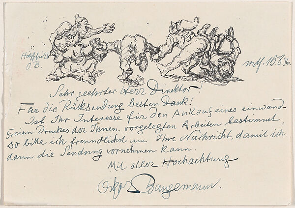 Postcard, August 15, 1936 (Merry elves), Oskar Bangemann (German, 1882–1942), Wood engraving, pen and navy ink 