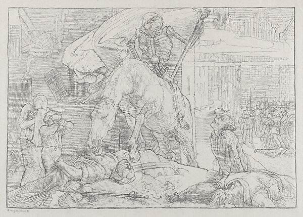 Dance of death, with a skeleton on horseback at center surrounded by corpses and mourners