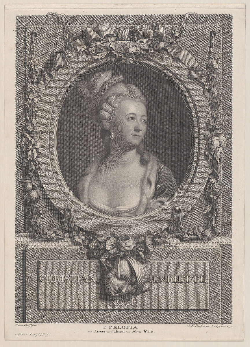 Portrait of Christiane Henriette Koch as Pelopia, Johann Friedrich Bause (German, Halle (Saale) 1738–1814 Weimar), Engraving; second state of two 