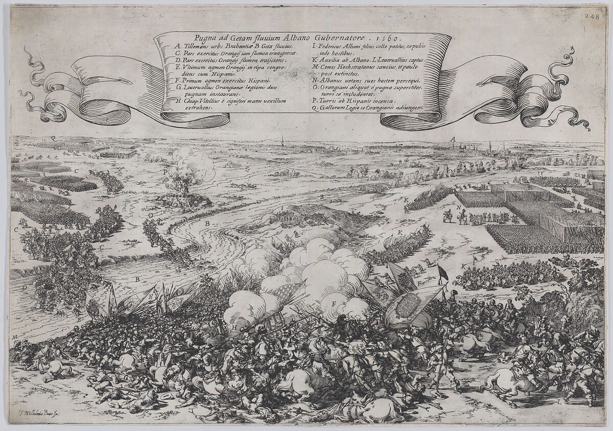 Battle scene: forces led by William of Orange crossing the Gete River to attack the Duke of Alba's army, from 'De Bello Belgico', Johann Wilhelm Baur (German, Strasbourg 1607–1642 Vienna), Etching 