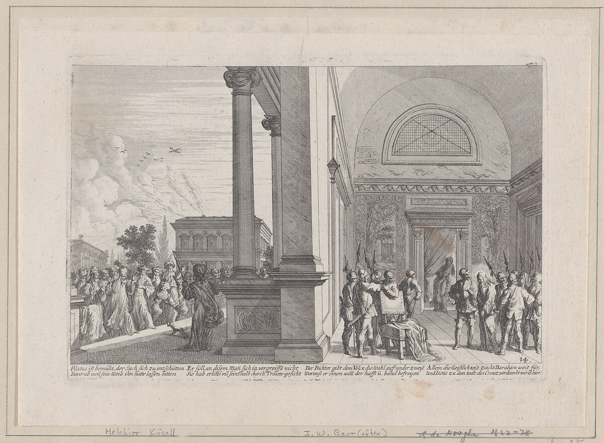 Pilate attempting to discharge Christ, from 'Iconographia', Melchior Küsel (German, 1626–1683), Etching 