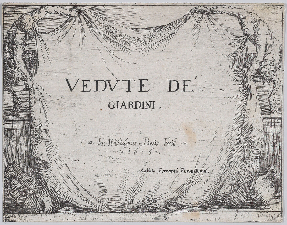 Title page of 'Views of Gardens' (Vedute de' Giardini), Johann Wilhelm Baur (German, Strasbourg 1607–1642 Vienna), Etching 