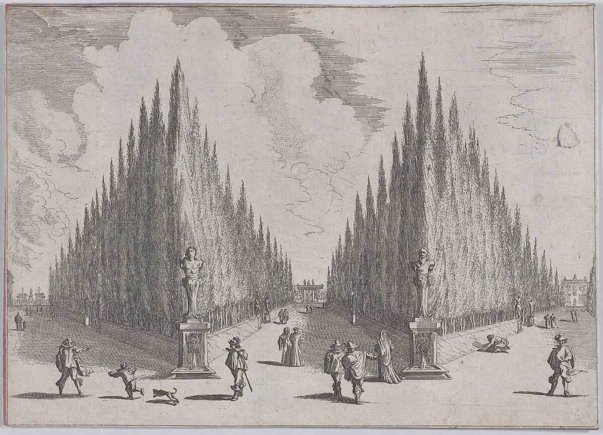 Three alleés separated by two groups of trees in pointed configurations, from 'Views of Gardens' (Vedute de' Giardini), Johann Wilhelm Baur (German, Strasbourg 1607–1642 Vienna), Etching 