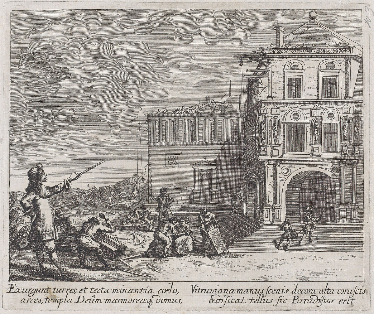 Scene showing the construction of a building, Melchior Küsel (German, 1626–1683), Etching 