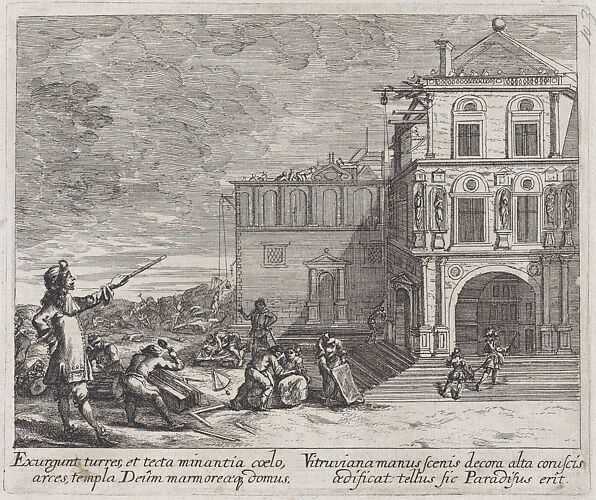 Scene showing the construction of a building