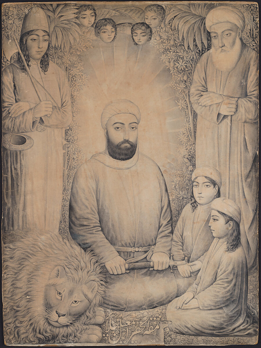 Imam 'Ali and Sons with a Lion, Isma&#39;il Jalayir (Iranian, active ca. 1858–81), Ink on cardboard 