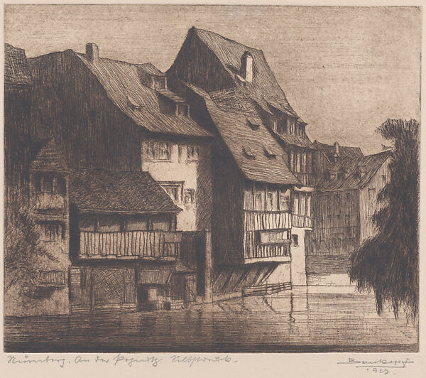 Houses along the Pegnitz River, Nuremberg, Anonymous, German, 20th century (Baukopf), Etching and drypoint 