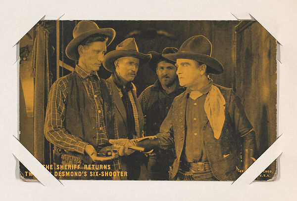 The Sheriff returns Two-Gun Desmond's six-shooter from Western Stars or Scenes Exhibit Cards series (W412), Exhibit Supply Company, Commercial color photolithograph 