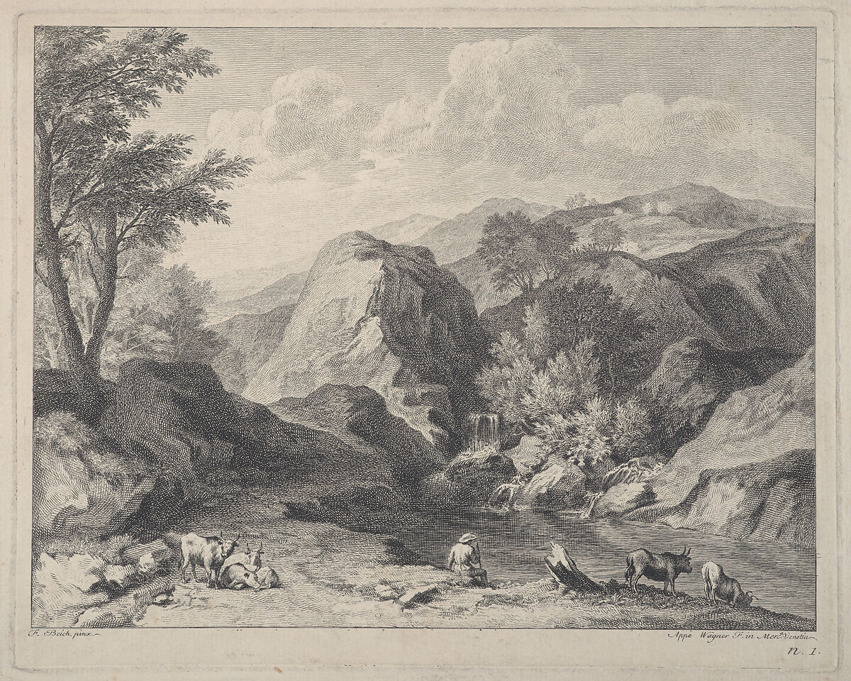 Mountainous landscape with herdsmen and cows, Joseph Wagner (Italian, Thalendorf 1706–1780 Venice), Etching 