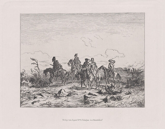 Military scene with five men on horseback