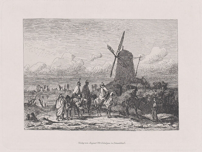Military scene with horsemen and a windmill