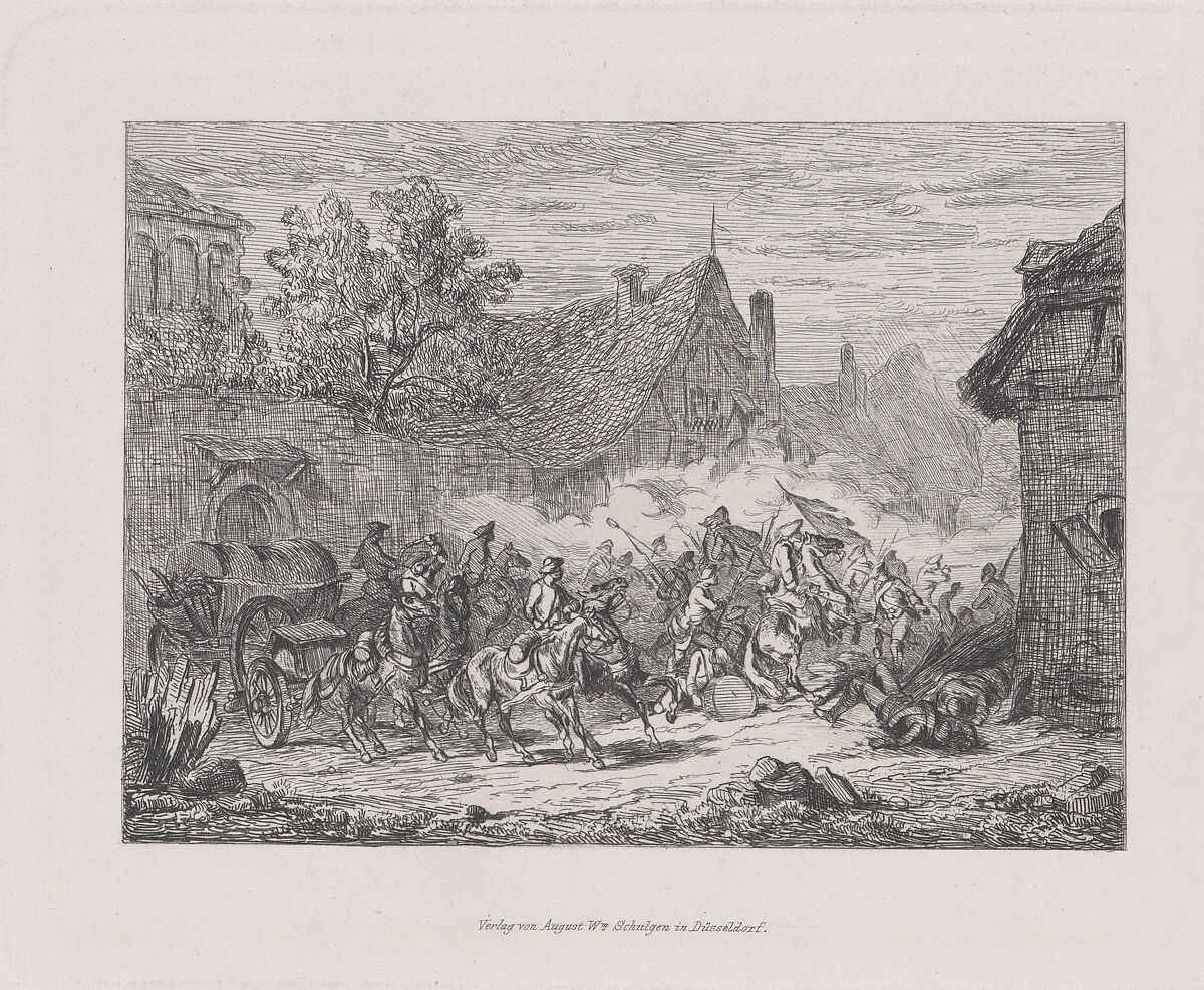 Military scene with a battle in a village, August Beck (Swiss, Basel 1823–1872 Thun), Etching 